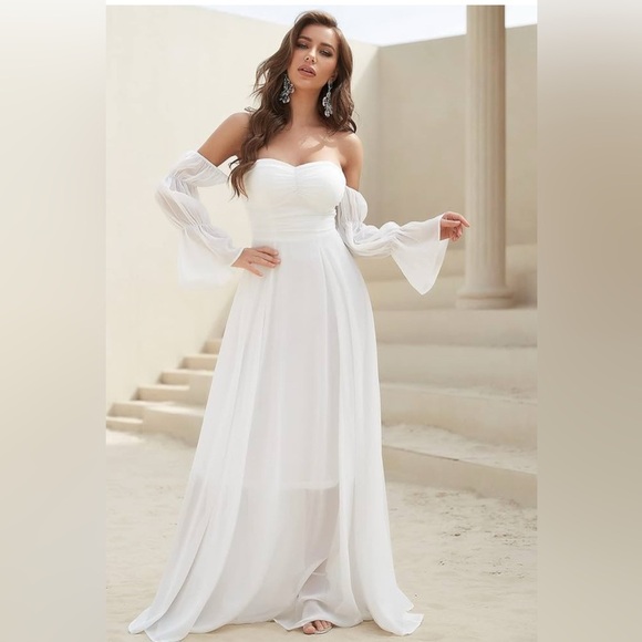 giffneseti Dresses & Skirts - White Off Shoulder Flounce Sleeve Ruched Chiffon Maxi Dress Size Small